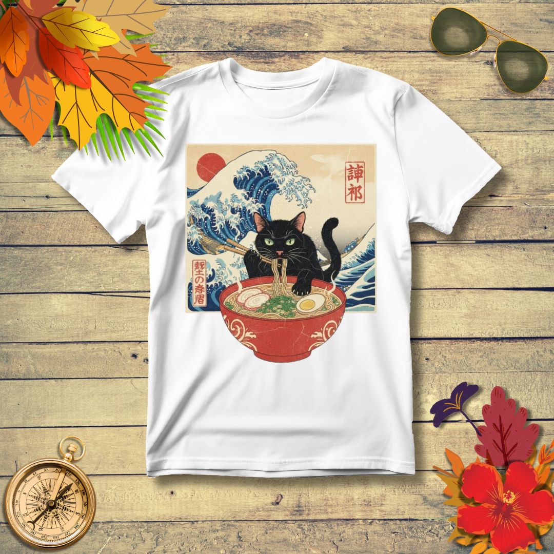 Japanese Ukiyo-e Black Cat Ramen T-Shirt