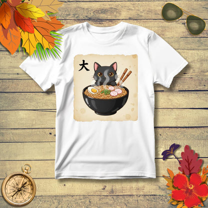 Funny Japanese Anime Kawaii Cat Eating Ramen Graphic T-Shirt