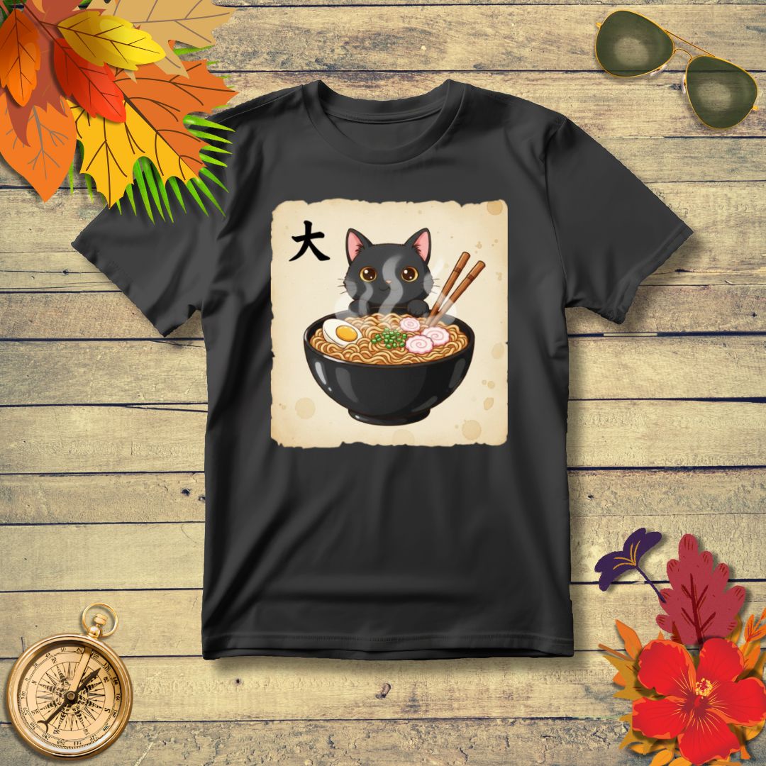 Funny Japanese Anime Kawaii Cat Eating Ramen Graphic T-Shirt