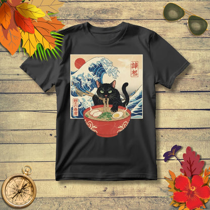 Japanese Ukiyo-e Black Cat Ramen T-Shirt
