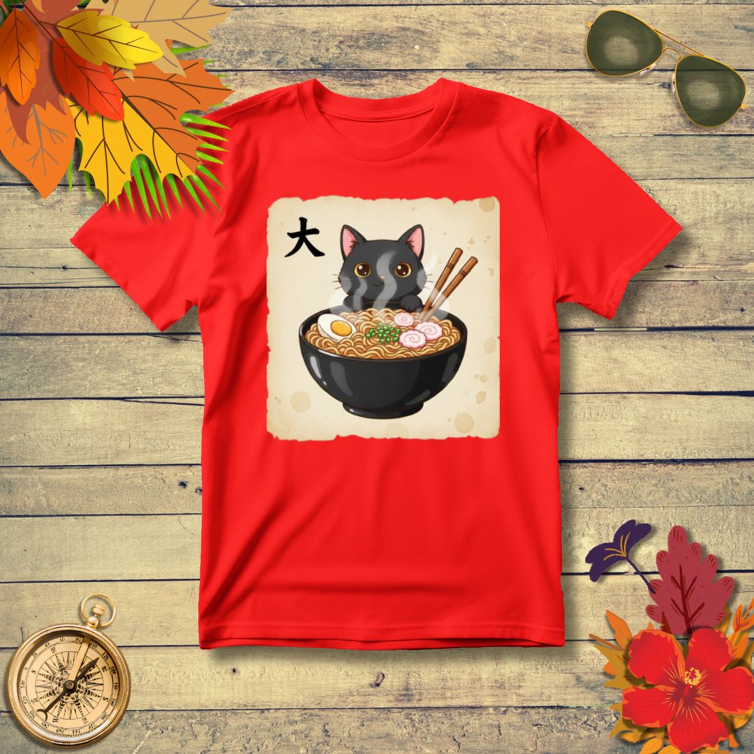 Funny Japanese Anime Kawaii Cat Eating Ramen Graphic T-Shirt