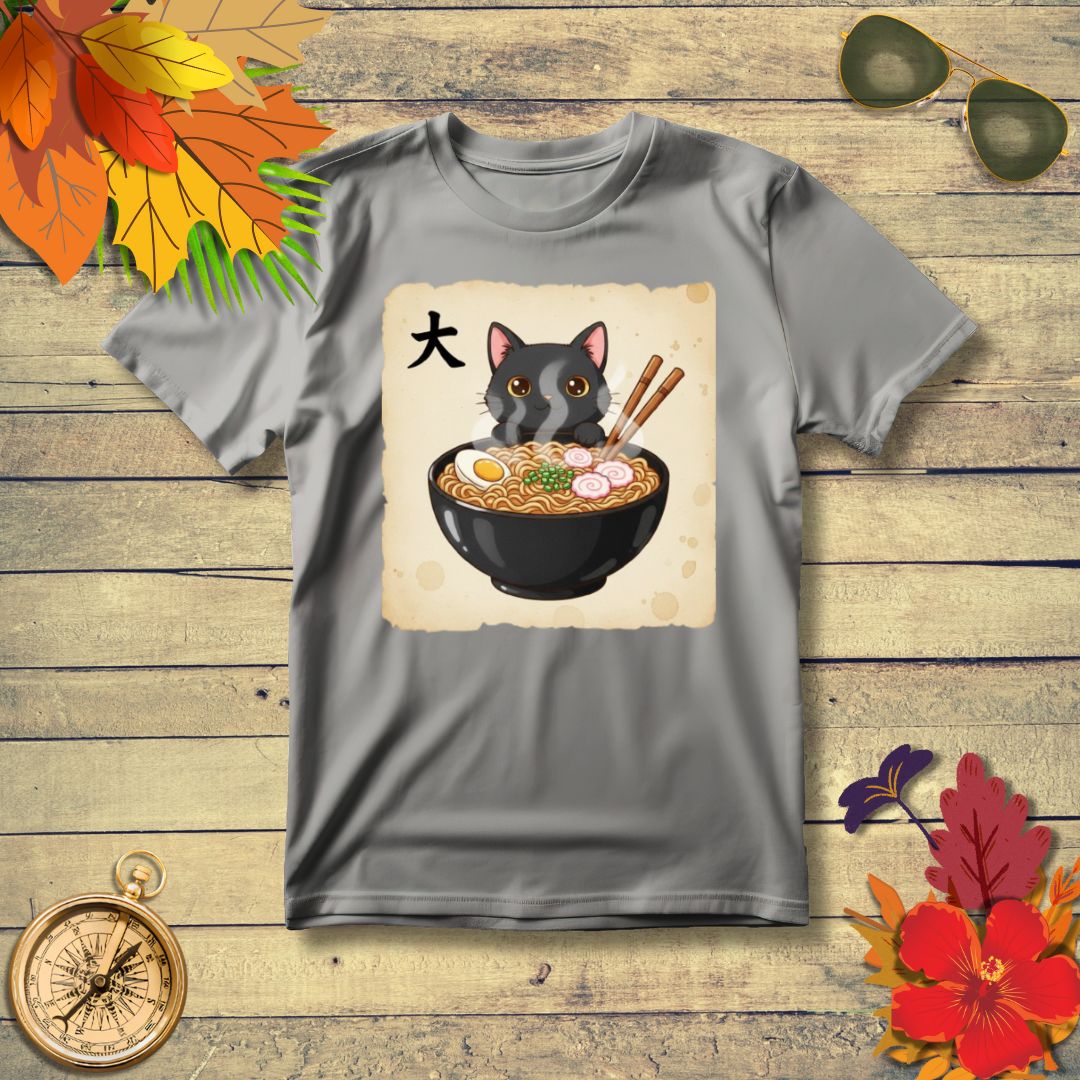 Funny Japanese Anime Kawaii Cat Eating Ramen Graphic T-Shirt