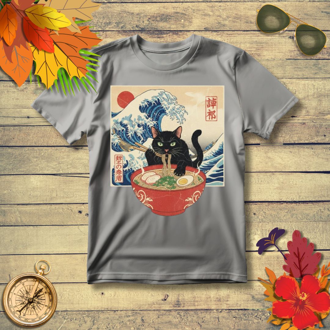 Japanese Ukiyo-e Black Cat Ramen T-Shirt