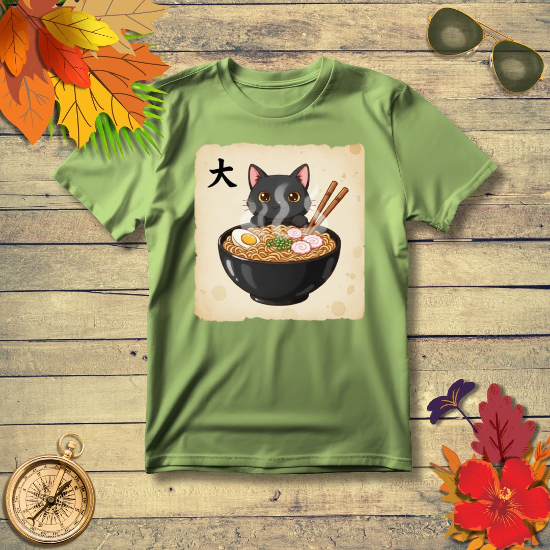 Funny Japanese Anime Kawaii Cat Eating Ramen Graphic T-Shirt