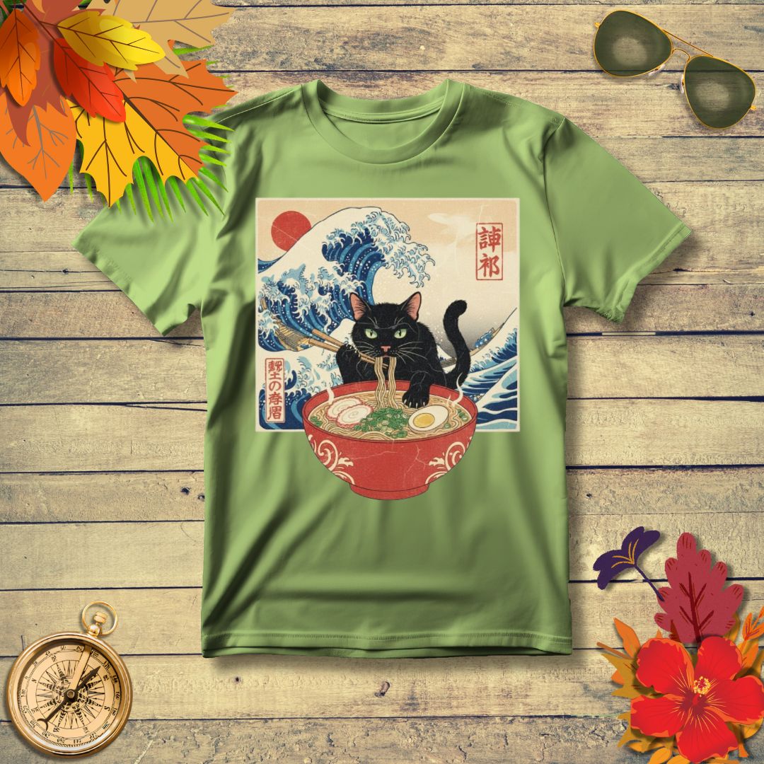 Japanese Ukiyo-e Black Cat Ramen T-Shirt