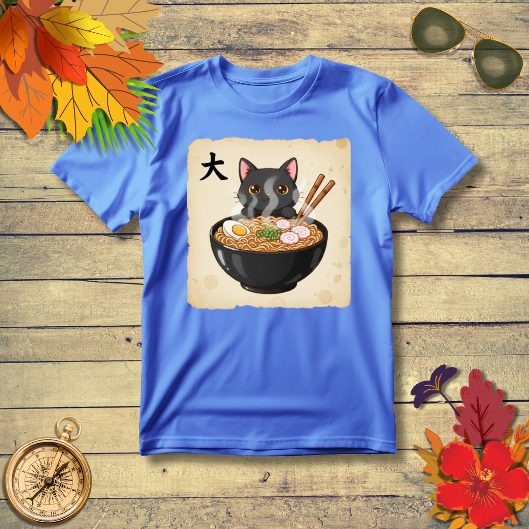 Funny Japanese Anime Kawaii Cat Eating Ramen Graphic T-Shirt