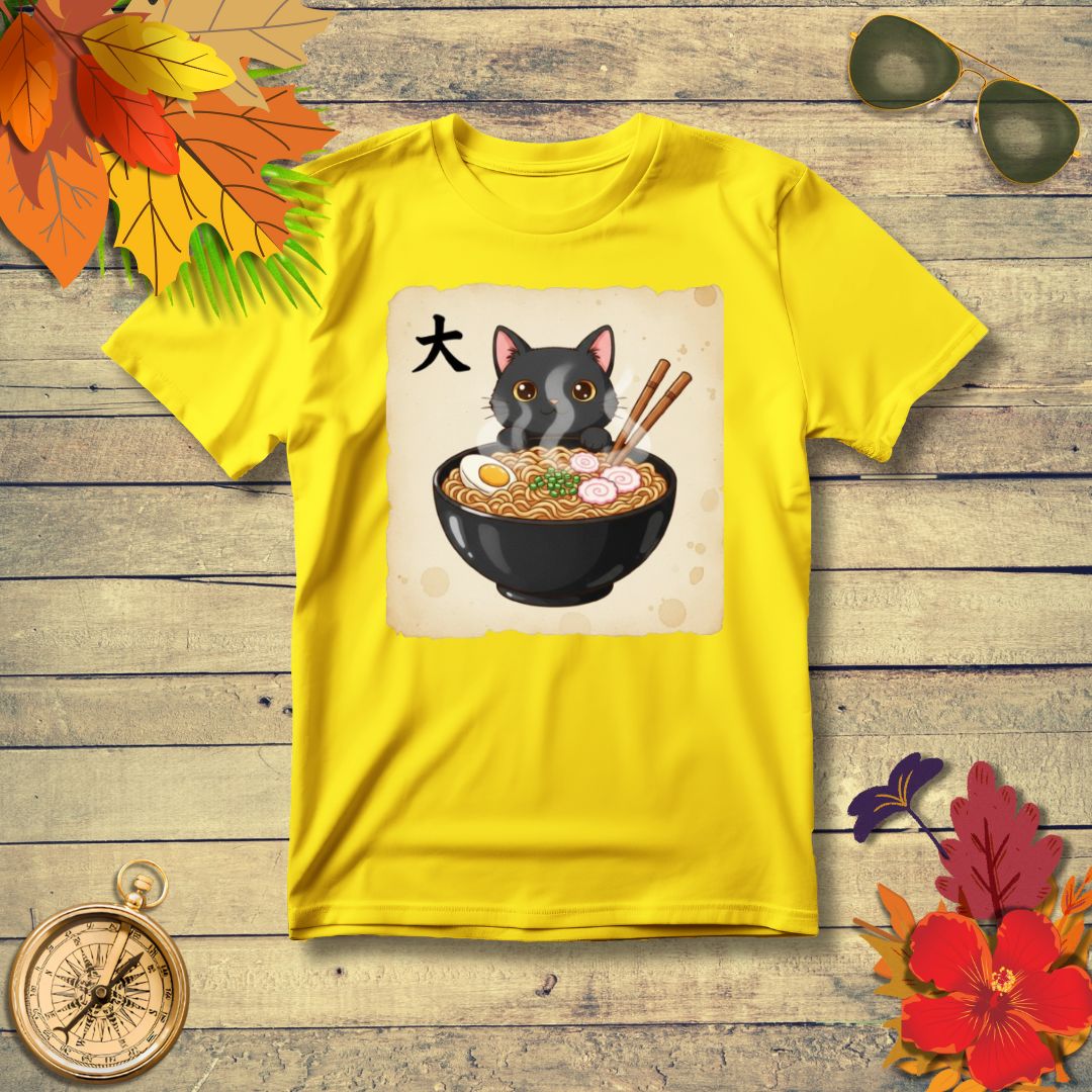 Funny Japanese Anime Kawaii Cat Eating Ramen Graphic T-Shirt