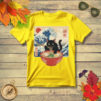 Japanese Ukiyo-e Black Cat Ramen T-Shirt